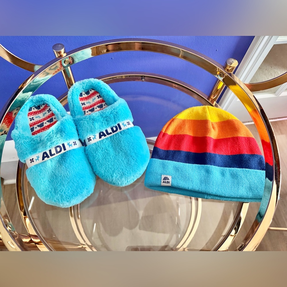 ALDI Blue Faux Fur Slippers & Retro Striped Beanie